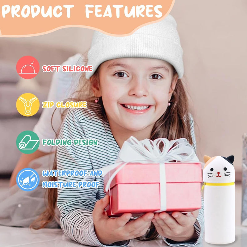 Bukela Kawaii Pencil Case 2-in-1 Silicone Pen Holder Soft Silicone Bag Dot Cat Design Pencil Case for Pencils Pen Storage for Girls and Boys Foldable and Waterproof White Dot Cats