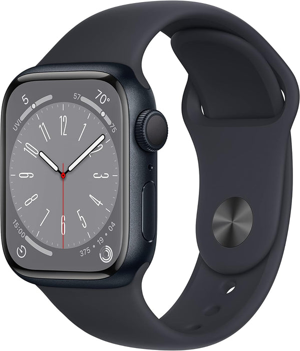 Apple New Apple Watch Series 8 (GPS 41mm) Smart watch - Midnight Aluminium Case with Midnight Sport Band - Regular. Fitness Tracker, Blood Oxygen & ECG Apps, Water Resistant (Renewed)