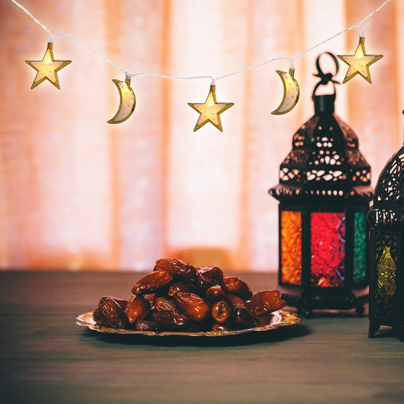 Rosy.Moment Ramadan Eid Moon-Star String Lights, 6.5 Feet 20 LEDs Eid Mubarak Palace Lantern Lamp for Islamic Indoor Outdoor Home Garden Decoration (Warm White) Battery operated