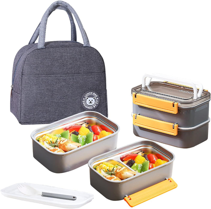TAPIT Stainless Steel Lunch Box - Insulated Bento Box Multifunctional Containers Food Containers with 2 Compartments,Tableware, Nylon insulation bag (Grey) - 1.6L Grey