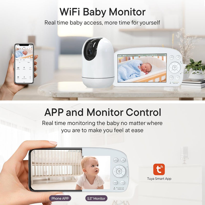 Jazaad 5.5" Wifi Baby Monitor - 1080P Full HD Split Screen & 2200ft Range, Monitor & App Control, Cry & Motion Alerts, Full HD Night Vision, 5000mAh Battery, 2-Way Talk, Multi-User, Triple Security