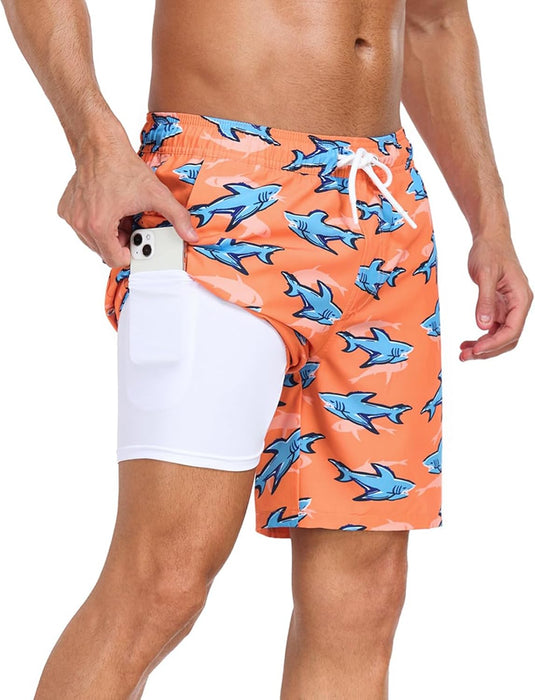 Mens Swim Trunks with Compression Liner 2 in 1 Quick Dry Beach Swimming Trunks Swim Shorts with Zipper Pockets