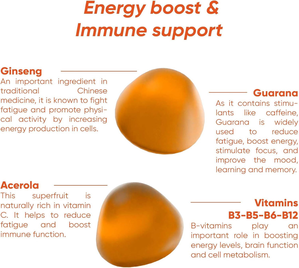 Rite Vitamin Gummies, Boost Energy, Immune Support, Caffeine Free, Ginseng, Guarana, Vegan, Orange Flavour (60 Count, 1 Month) – image 2