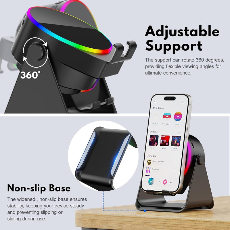 Wireless Induction Speaker 4-in-1 Bluetooth Speaker with Phone Stand and Colorful Ambient Light360 Rotation Compatible with iPhone,Android,iPad,Unique Birthday Gift for Men Women Adults(Black)