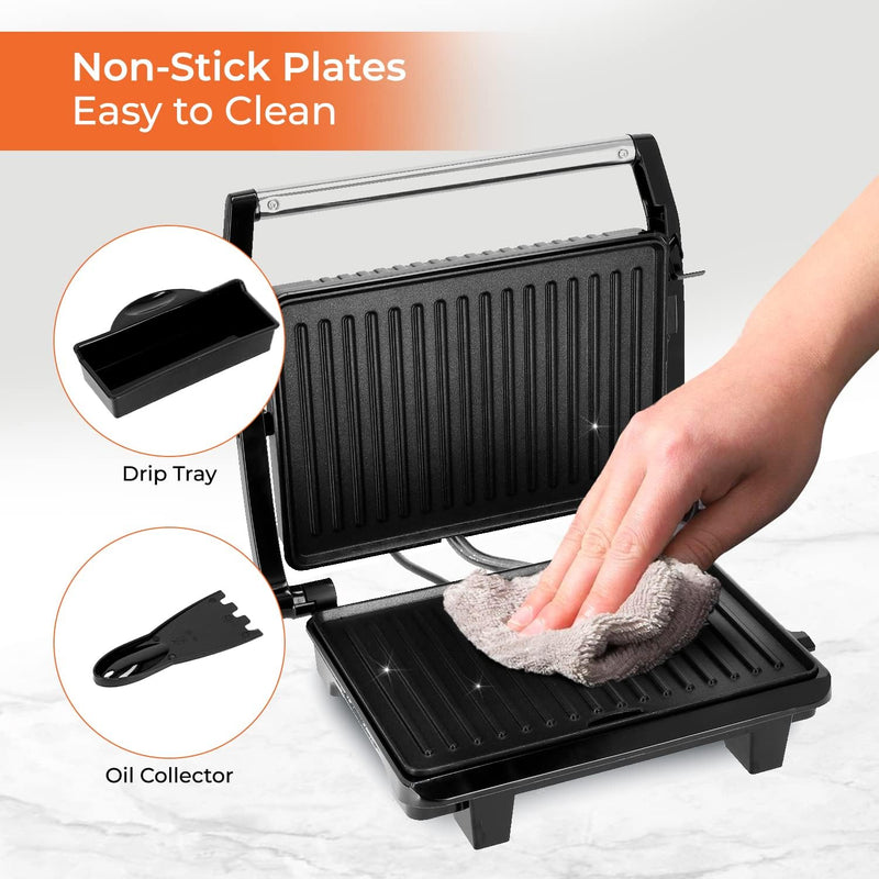 Stainless Steel Panini Grill Maker with Non-Stick Plates, Cord-Warp for Storage, Drip Tray, Indicator Lights for Power and Ready - 2 Year Warranty