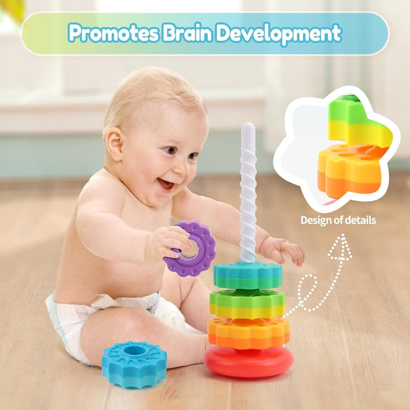 Baby Spinning Stacking Toys, 1-3 Rainbow Ring Stacker Montessori Toys for Babies, Sensory Toys for Toddlers, Christmas and Birthday Gifts Suitable for Boys and Girls