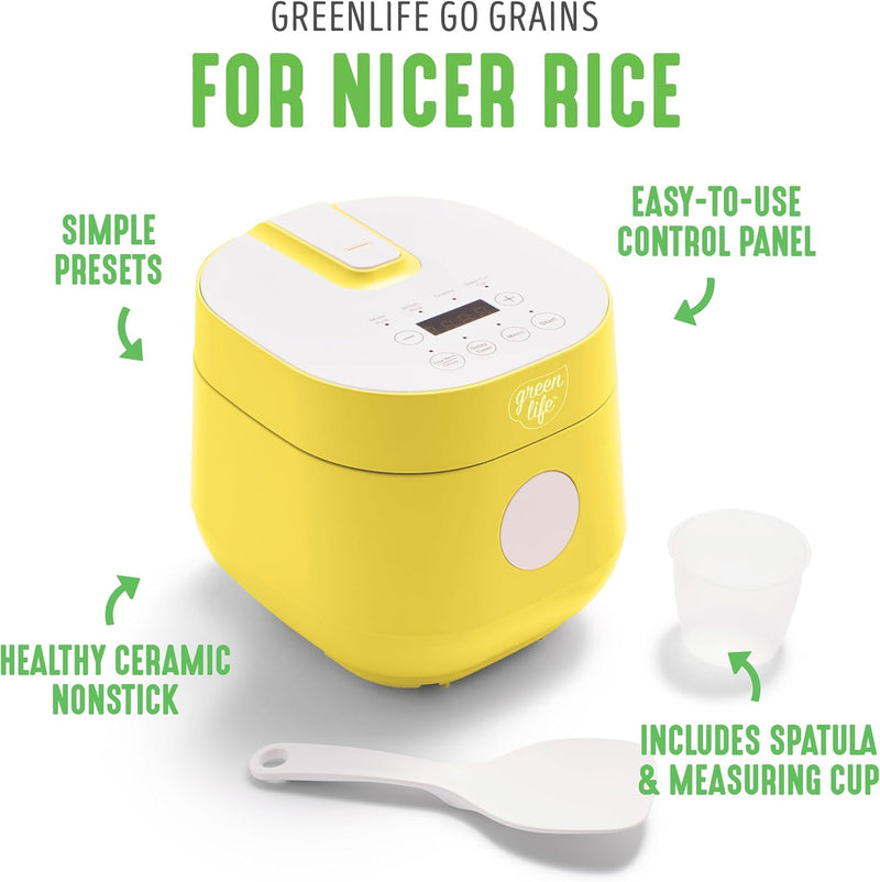 GreenLife Healthy Ceramic Nonstick 4-Cup Rice Oats and Grains Cooker, PFAS-Free, Dishwasher Safe Parts, Black