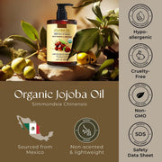 Organic Jojoba Oil (500 ml), USDA Certified, 100% Pure Natural Large Capacity Body Oil for Skin Face and Hair, Deep Moisturizing Anti-Aging Cold Pressed Unrefined for Women