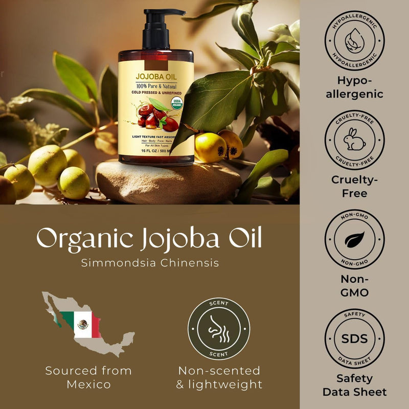 Organic Jojoba Oil (500 ml), USDA Certified, 100% Pure Natural Large Capacity Body Oil for Skin Face and Hair, Deep Moisturizing Anti-Aging Cold Pressed Unrefined for Women