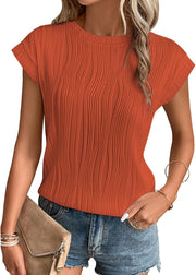 Womens Short Sleeve Summer Tops Crewneck Textured Shirts Basic T Shirt Casual Work Blouses - Orange