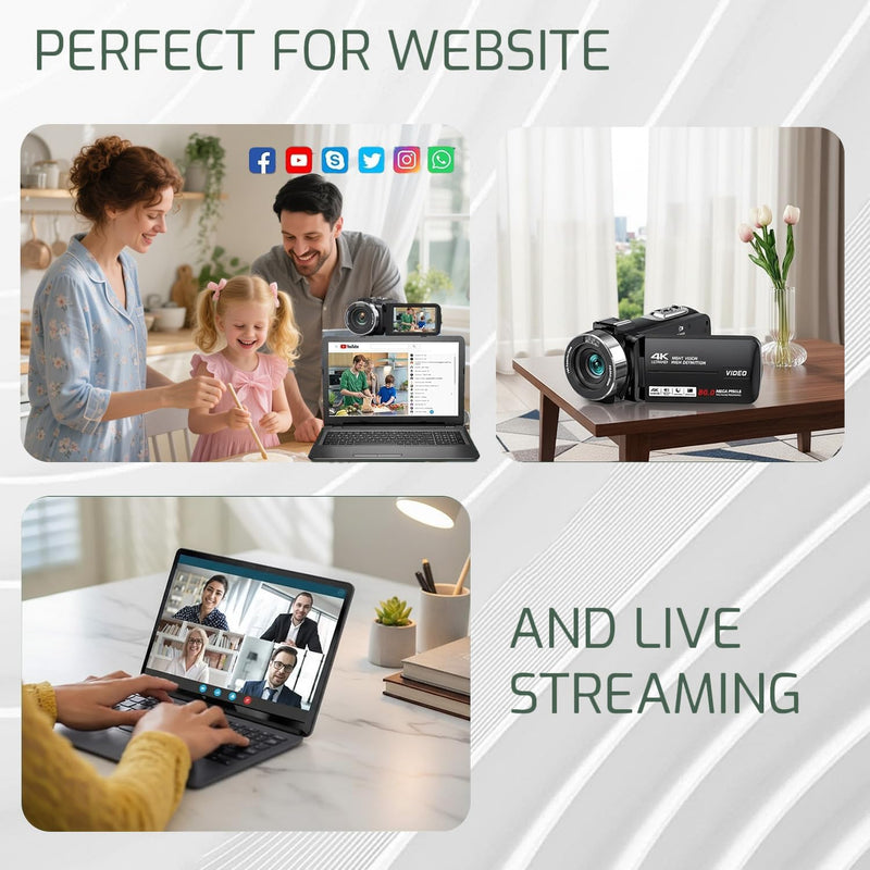 4K 80MP Camcorder Video Camera Ultra HD Vlogging Camera for YouTube 18X Digital Zoom Recorder 3.0" IPS HD Screen With Handheld Stabilizer, Microphone, Remote Control and 32GB SD Card