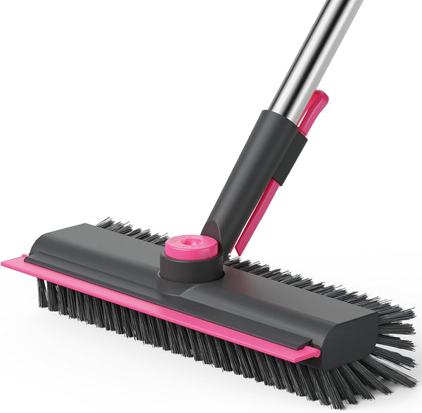 AIR U+ Floor Scrub Brush with Long Handle, 3 in 1 Scrape and Heavy-Duty Stiff Bristle Scrubber Brush for Cleaning Shower Bathroom, Patio, Garage, Kitchen, Wall and Deck - Gray & Pink