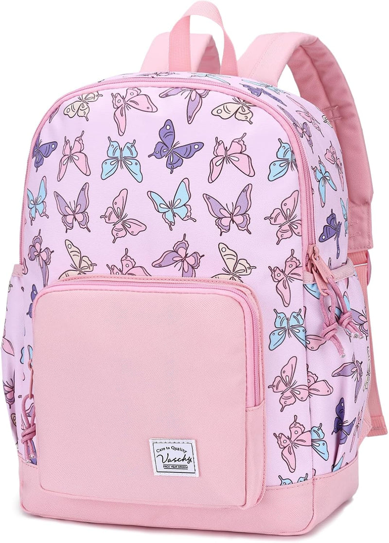 Children's Backpack, Lightweight School Bag for Girls Boys Primary Kindergarten 4-6 Years Waterproof Cute Backpack for A4 Folder Preschool Travel with Chest Strap - Pink butterfly