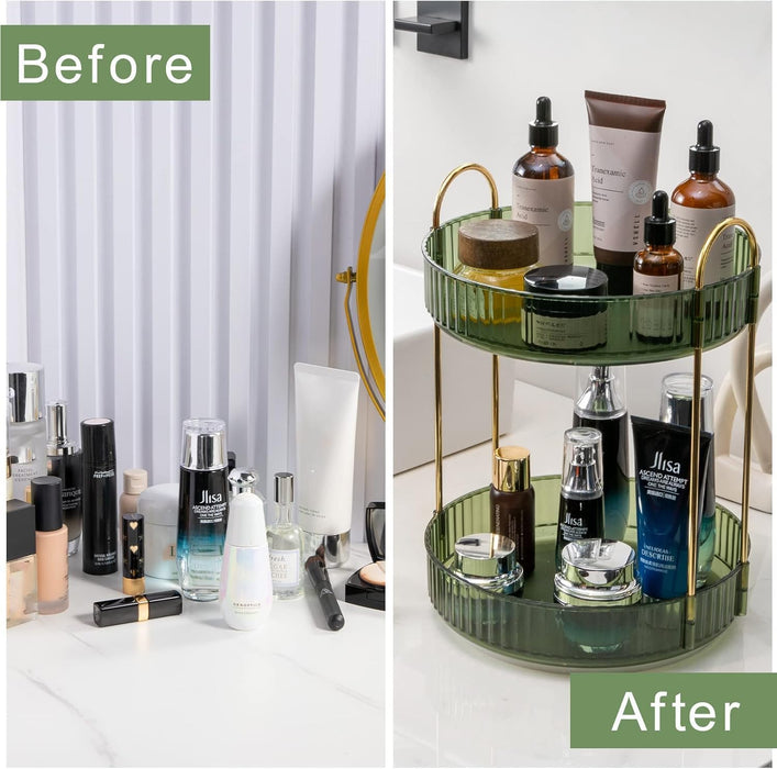 INVSSENE 360° Rotating Makeup Organizer, Bathroom Make Up Spinning Holder Rack, Large Capacity Cosmetics Storage Vanity Shelf Countertop, Fits Cosmetics, Perfume, Skincare, Lipsticks(2 Tiers, Green)
