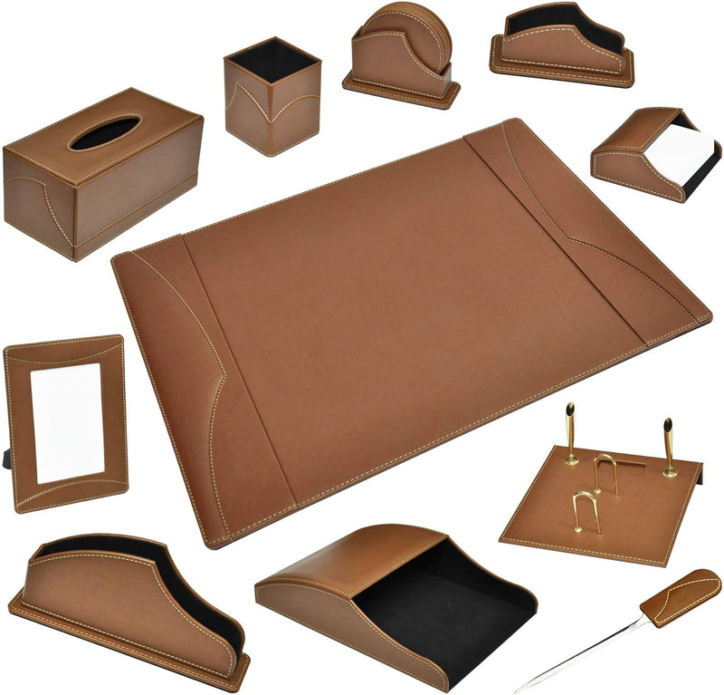 FIS Executive Desk Set with Italian PU Materials, Set of 11 Pieces Desk Set Organizer, Brown Color, Pack in Gift Box-FSDS183BR