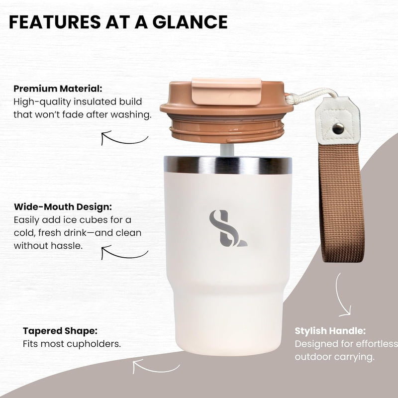 SimplyLivin. Premium Tumbler with Lid and Straw | 480ml (16oz) | Hot and Cold Drinks | Leak Proof | Travel Mug | Coffee Cup | Double Wall Stainless Steel | Unique Packaging for Gifts | Classic Beige