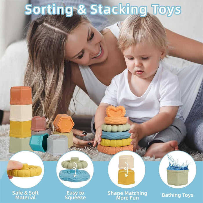 AM ANNA 5 in 1 Montessori Toys for Babies 6-48 Months,Stacking Cups,Rings Toy Links,Soft Stacking Rings,Blocks Set,Soft Animals Toys for Toddlers 1-3 Year Old Boys Girls Infant Bath Time
