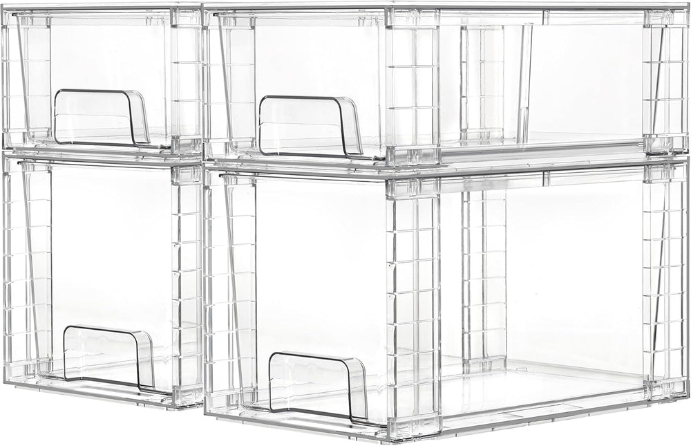 4 Large Stackable Clear Acrylic Drawer Organizer with Handles, Easy Assembly for Bathroom, Kitchen Cabinet, Closet, Makeup