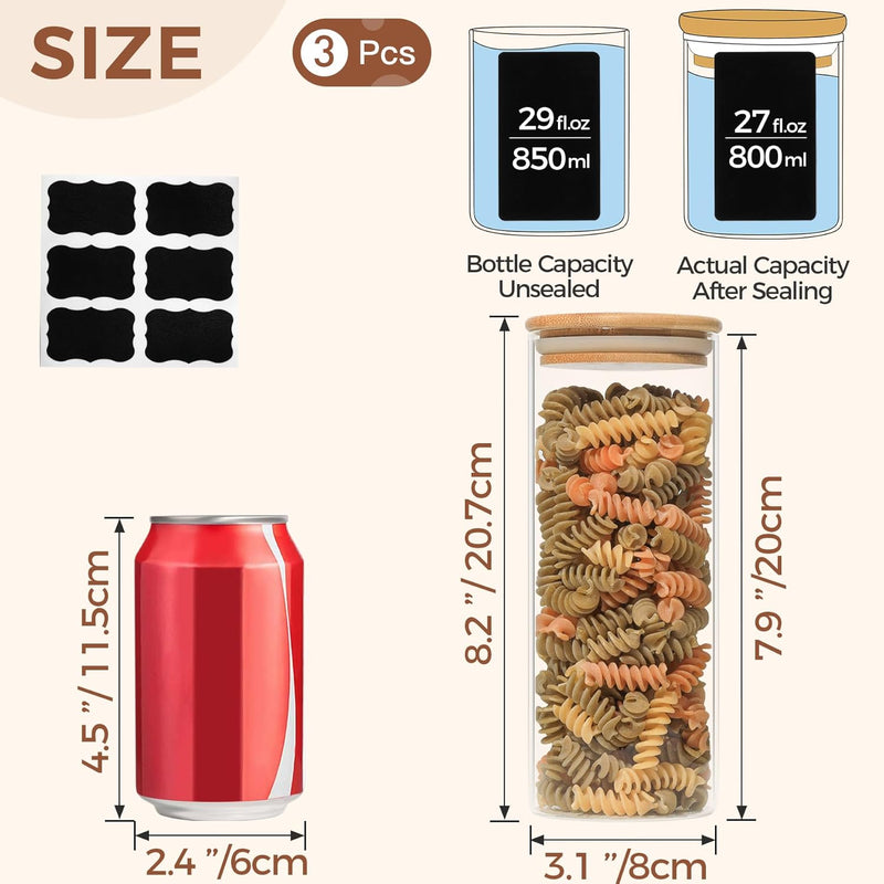 ComSaf Glass Food Storage Canisters with Lids Set of 3-30oz, BPA Free High Borosilicate Glass Cookies Jars with Sealing Bamboo Cover - 850ml Ã 3