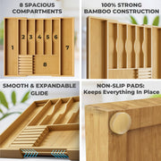 Premium Expandable Kitchen Drawer Organizer - 100% Bamboo Organizer Tray - Great for Silverware, Large Utensils, Flatware, Cutlery - 8 Compartments with Knife Block - Perfectly Fits Your Drawers - Natural
