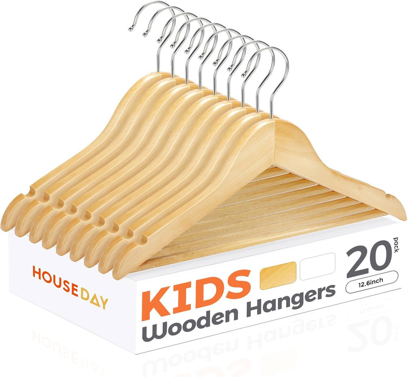 HOUSE DAY Wooden Baby Hangers for Closet 20 Pack, Kids Wooden Hangers Baby Clothes Hangers, 360° Swivel Hook Heavy Duty Toddler Hangers Baby Coat Hangers for Suits, Pants and Jackets, Natural