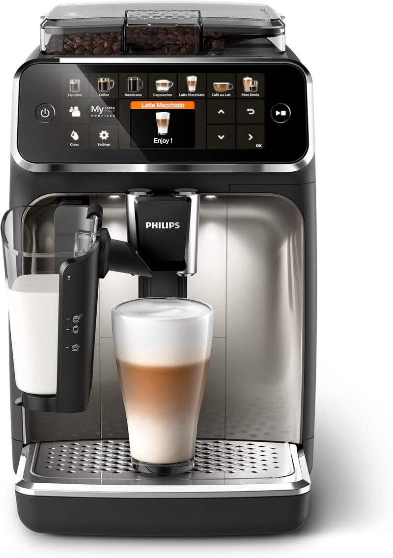 Philips Fully Automatic Espresso Machine Series 4400-12 Beverages, LatteGo, SilentBrew, Intuitive Display, 2 User Profiles, 12 Settings for Ceramic Grinder, Black Silver - EP4446/70 - 12 Hot Beverages