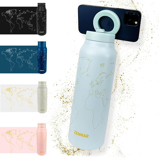 Kids Insulated Water Bottle 750ml Stainless Steel, Leakproof BPA-Free Straw Lid, Magnetic Phone Holder for Fun & Learning, World Map Design Pink Matte ZENMAR - Light Blue