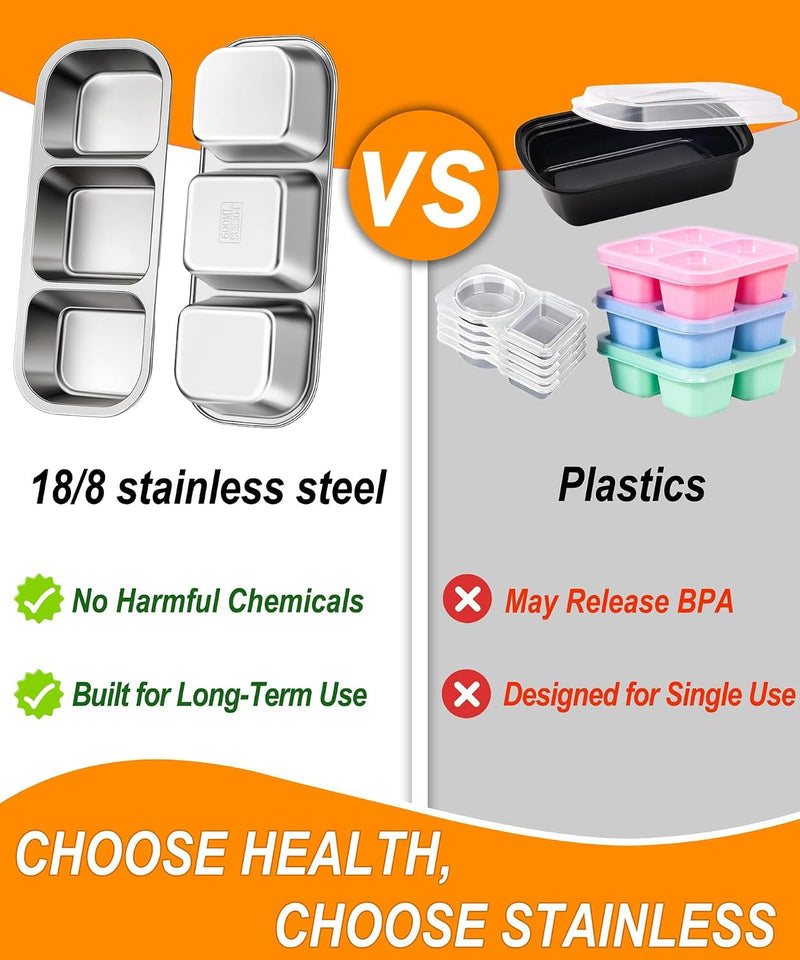 3 Pack Stainless Steel Snack Containers for Kids & Adults, Bento Boxes, Leek Proof Metal Bento Lunch Box with 3 Compartment, Lunchable Containers for Daycare, School, Work, Travel, Bento Snack Box