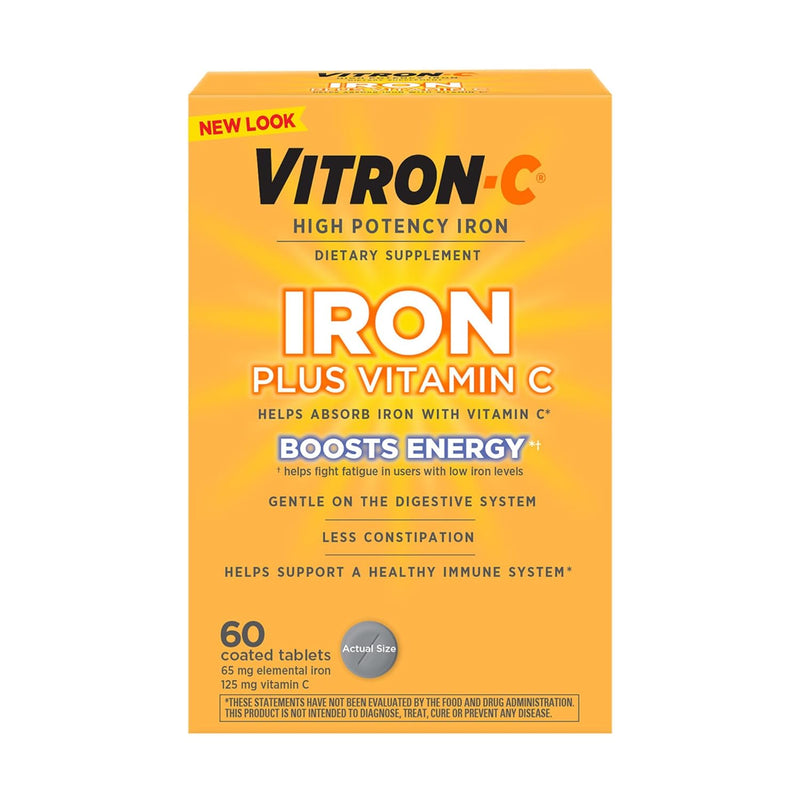 Vitron-C Iron Supplement, Once Daily, High Potency Iron Plus Vitamin C, Dye Free Tablets, 60 Count