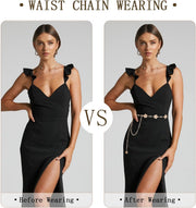 Azonee Metal Waist Chain Belts for Women Pearls Gold Silver Chain Belts for Dresses Adjustable Ladies Metal Body Link Belt
