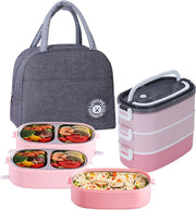 TAPIT Stainless Steel Lunch Box - Insulated Bento Box Multifunctional Containers Food Containers with 2 Compartments,Tableware, Nylon insulation bag (Grey) - 1.9L Pink