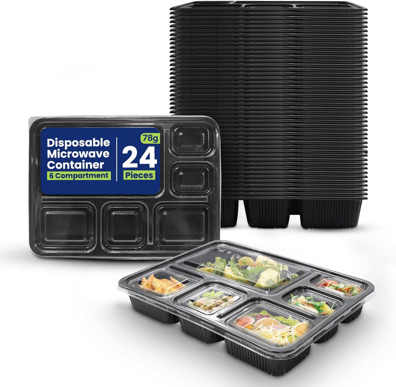 SNH Packing 24 Pieces Microwave Disposable Container With Lid Rectangular - 1 Compartment Meal Prep Container Set - Plastic Container For Kitchen Food Storage - Take Away Containers For Lunch Boxes - 6 Compartment