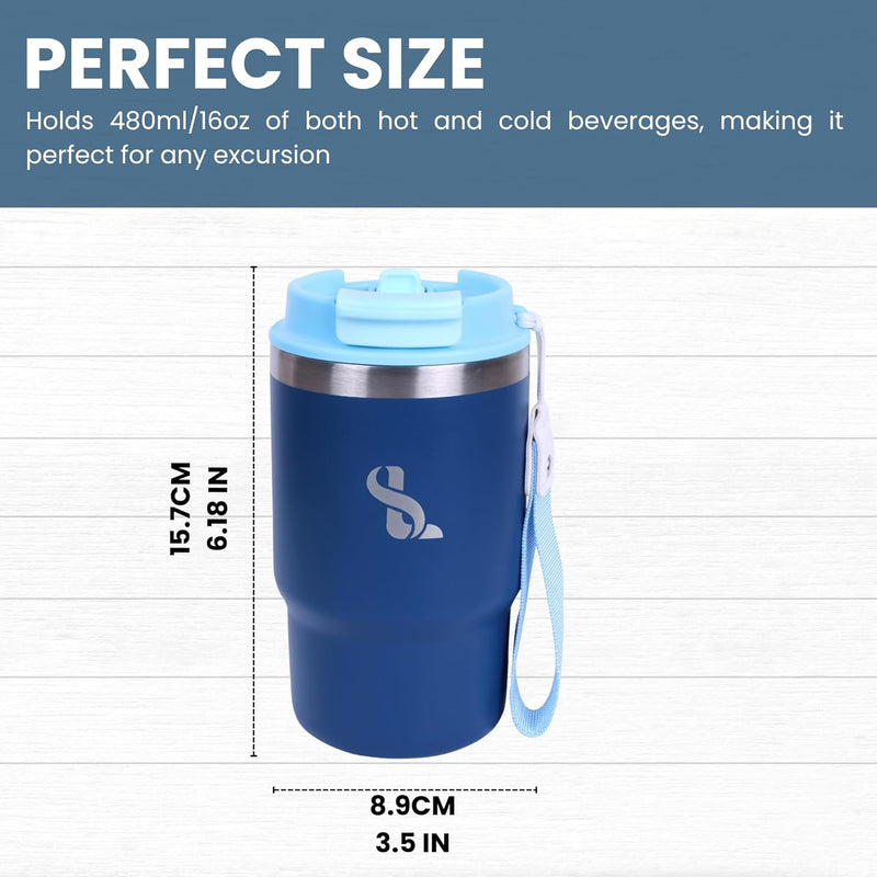 SimplyLivin. Premium Tumbler with Lid and Straw | 480ml (16oz) | Hot and Cold Drinks | Leak Proof | Travel Mug | Coffee Cup | Double Wall Stainless Steel | Unique Packaging for Gifts | Classic Beige