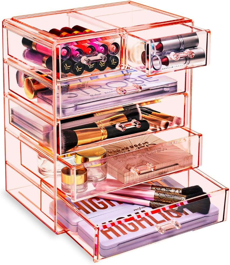 Sorbus Acrylic Clear Makeup Organizer - Big & Spacious Cosmetic Display Case - Stylish Designed Jewelry & Make Up Organizers and Storage for Vanity, Bathroom (4 Large, 2 Small Drawers) - 4 Large, 2 Small Drawers Pink
