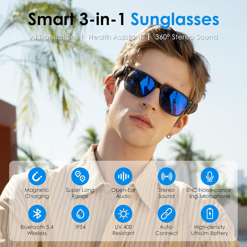GetD AI Glasses, AI Assistant Powered by ChatGPT, Smart Glasses, Polarised Sunglasses, Bluetooth Smart Sunglasses for Men and Women, 2-in-1 Headphones and Glasses