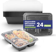 SNH Packing 24 Pieces Microwave Disposable Container With Lid Rectangular - 3 Compartment Meal Prep Container Set - Plastic Container For Kitchen Food Storage - Take Away Containers For Lunch Boxes - 3 Compartment