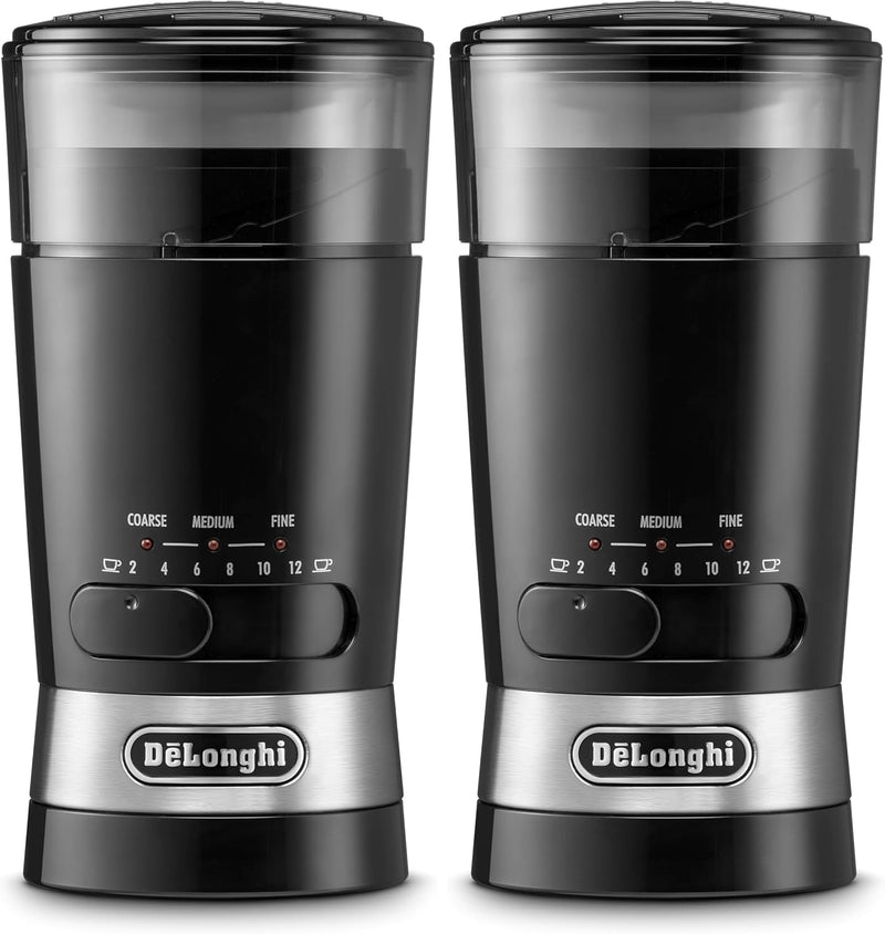 De'Longhi Electric Coffee Grinder, 110W, Burr Grinding System, 12 Settings, Stainless Steel Blade, 12 Cup Capacity, 120g Bean Container, Removable Transparent Lid KG79, Black - Talla Ãnica (Pack of 2) Electric Coffee & Spices Grinder