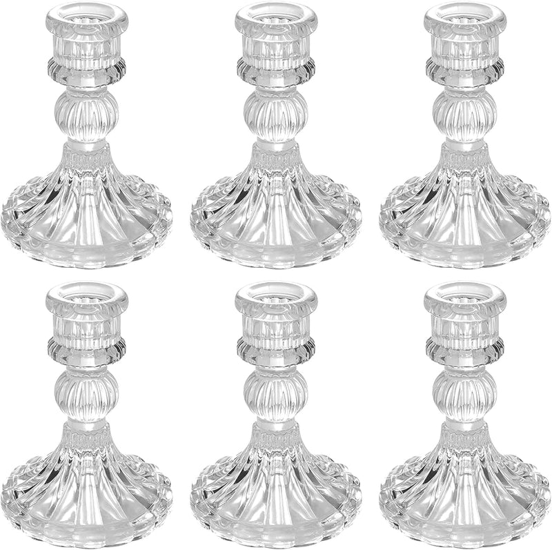 THE WHITE SHOP 6PCS Glass Candle Holder, Clear Candlestick Holder & Taper Candle Holder for Wedding Party Table, Spring Decor, Anniversary, Dining Room Table, Valentine's Day, (Clear)-A-6Pcs