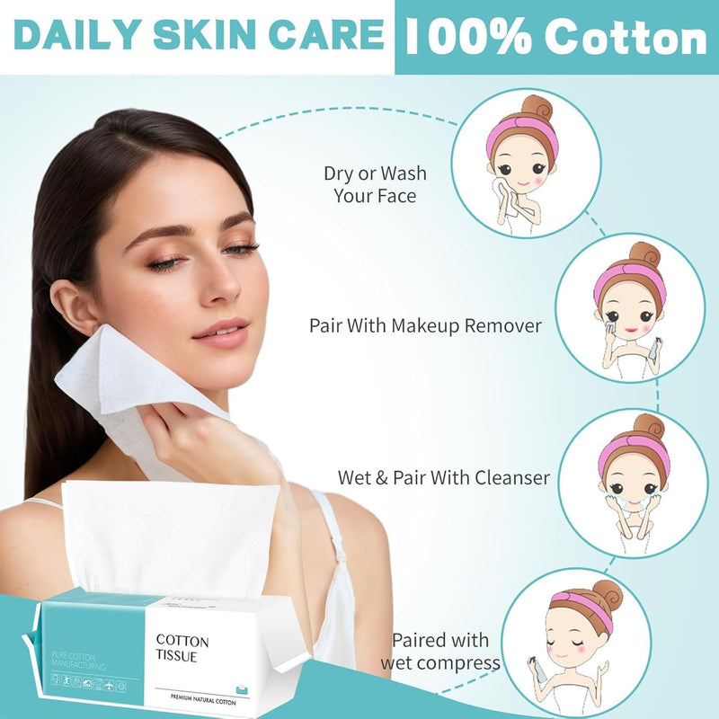 Cotton Facial Dry Wipes 72 Count, Deeply Cleansing Face Towel, Multi-Purpose for Skin Care, Make-up Wipes and Face Towel Super Soft Cotton Tissue Dry Wet Dual Use(1 Pack)