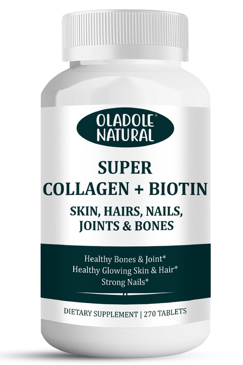 Oladole Natural Super Collagen Peptides + Vitamin C & Biotin, 3g Collagen Per Serving, Gluten Free, Promotes Healthy Hair, Beautiful Skin, and Nail Support, Dietary Supplement, 270 Tablets