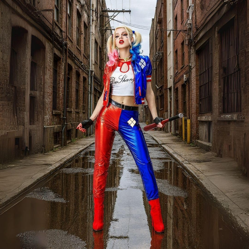WP Wanna Party Halloween Costume for Women-Harley Quinn Costume Red & Blue Costume with Jacket, Pants and Sleevless Tees - Size - L for Halloween Costume for Adults