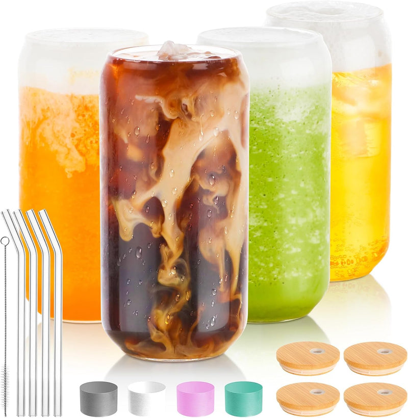 BEWAVE Drinking Glass Set of 4, 500ml Can Shaped Glasses Cups, Iced Coffee Glasses, Beer Tumbler, for Whiskey, Soda, Tea, Juice, Gift, with Lid, Straw and Sleeve