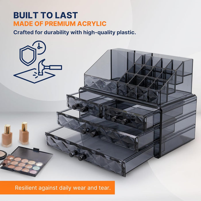 AC&L Makeup Organizer, Cosmetic Storage Display Box With 4 Drawers For Make Up, Brushes, Perfumes, Skincare All In One, Acrylic Organizer Ideal For Vanity, Dresser, Bathroom For Girls & women (Clear)