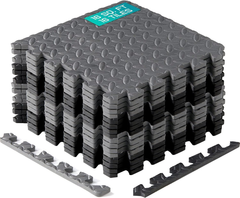 Interlocking Foam Mats for Gym Exercise Equipment (30cx30cm Each Tile - Pack of 12 Tiles For 1 Square Meter) Eva Interlocking Floor Tiles - H. Mix Black & Grey - 16 Tiles (16 Square Feet)