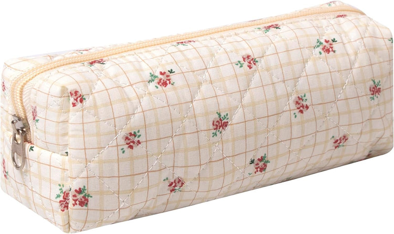 Cute Pencil Case Aesthetic Student Pouch Yellow Bow - Checkered Flower