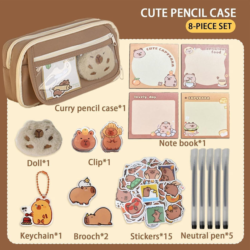 Cute Capybara Pencil Case, Capybara School Supplies, Clear Aesthetic Pencil Pouch with Cute Capybara Pins and Plush, Large Capacity Multi-layers Pen Case
