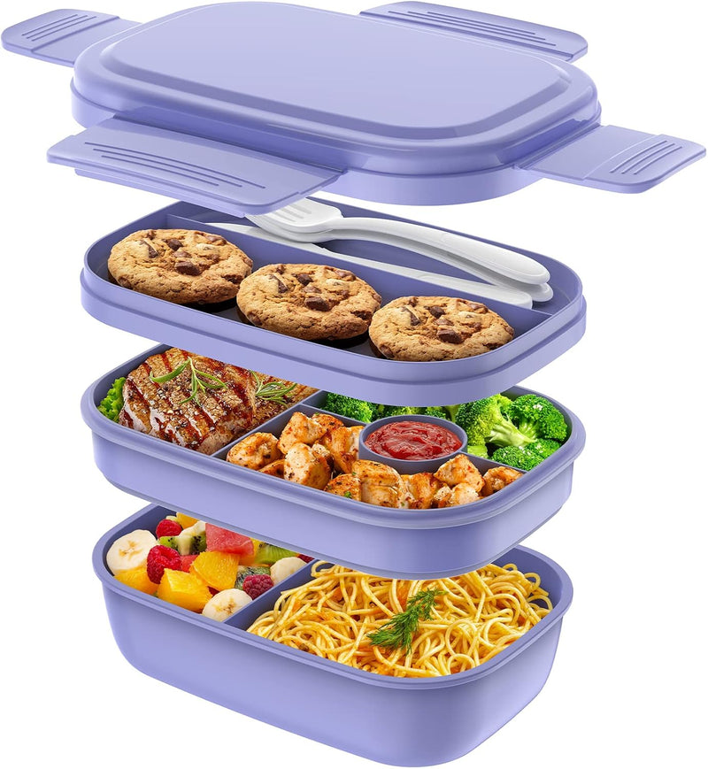 Bento Box Adult Lunch Box,3 Stackable Bento Lunch Containers for Adults/Kids, Modern Minimalist Design Bento Box with Utensil Set, Leak-Proof Lunchbox Bento Box for Dining Out, Work, Picnic, School - Macaron