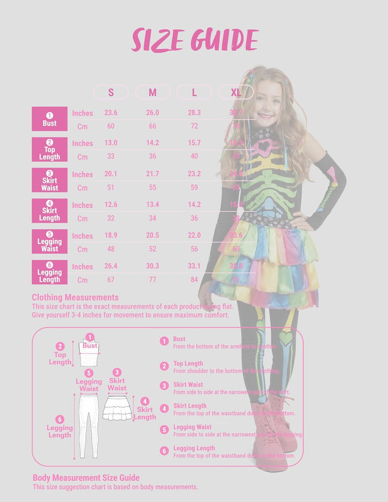 Funky Punky Bones Colorful Skeleton Deluxe Girls Costume Set with Hair Extensions for Halloween Costume Dress Up Parties.