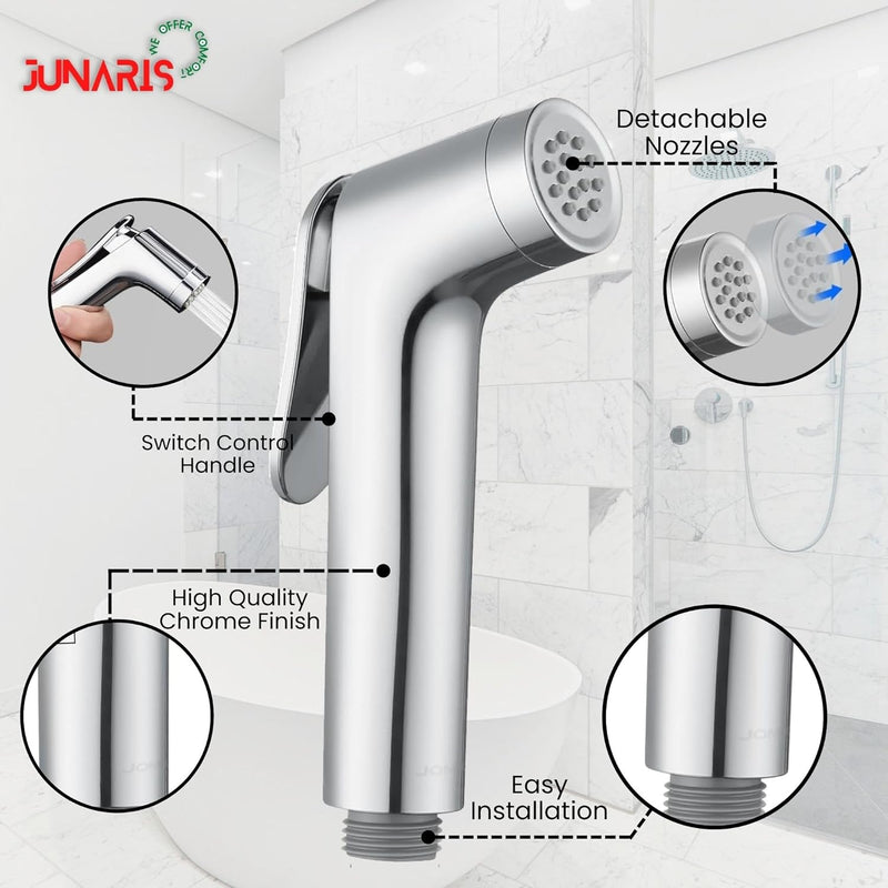 JUNARIS Handheld Bidet Sprayer Set for Toilet - شطاف تواليت Stainless Steel Shattaf with Premium Hose for Bathroom and Washroom | Chrome Shattaf Set Stainless Steel Hose (Classic)