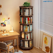 DAYONG 5-Tier Rotating Bookshelf, Large Capacity Solid Wood Bookcase with Wheels, Space-Saving Book Shelf Storage Display Rack Floor Standing Shelves for Small Space, Corner, Office (Walnut) - Walnut